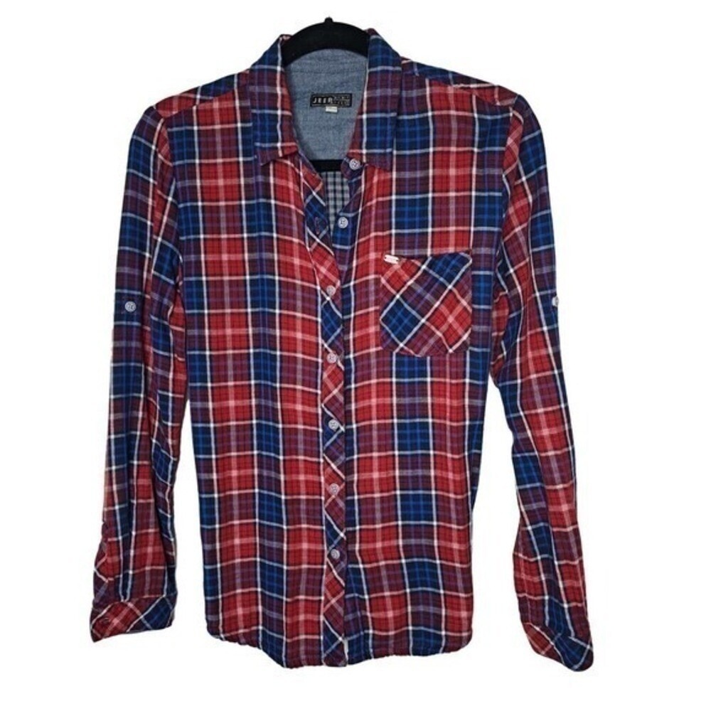 Jeep Spirit Plaid Flannel Button Down Shirt Womens S Red Blue Roll Tab Sleeve - Picture 3 of 13